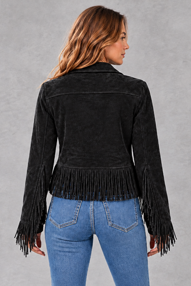 Women's Cropped Suede-Look Fringe Jacket – Black