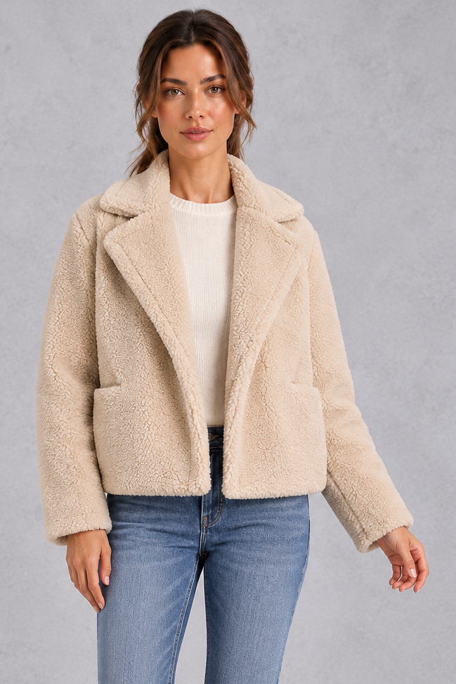 Women's Cropped Teddy Jacket – Beige