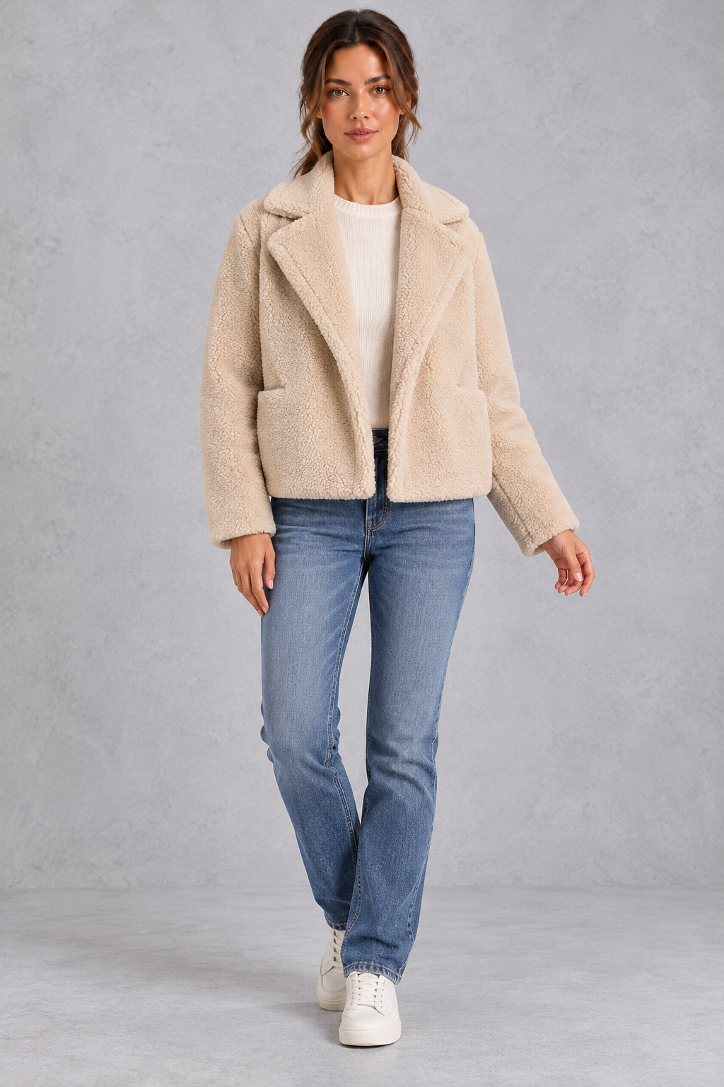 Women's Cropped Teddy Jacket – Beige