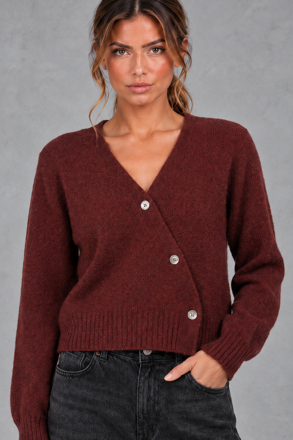 Women's Cropped Wrap Cardigan – Burgundy