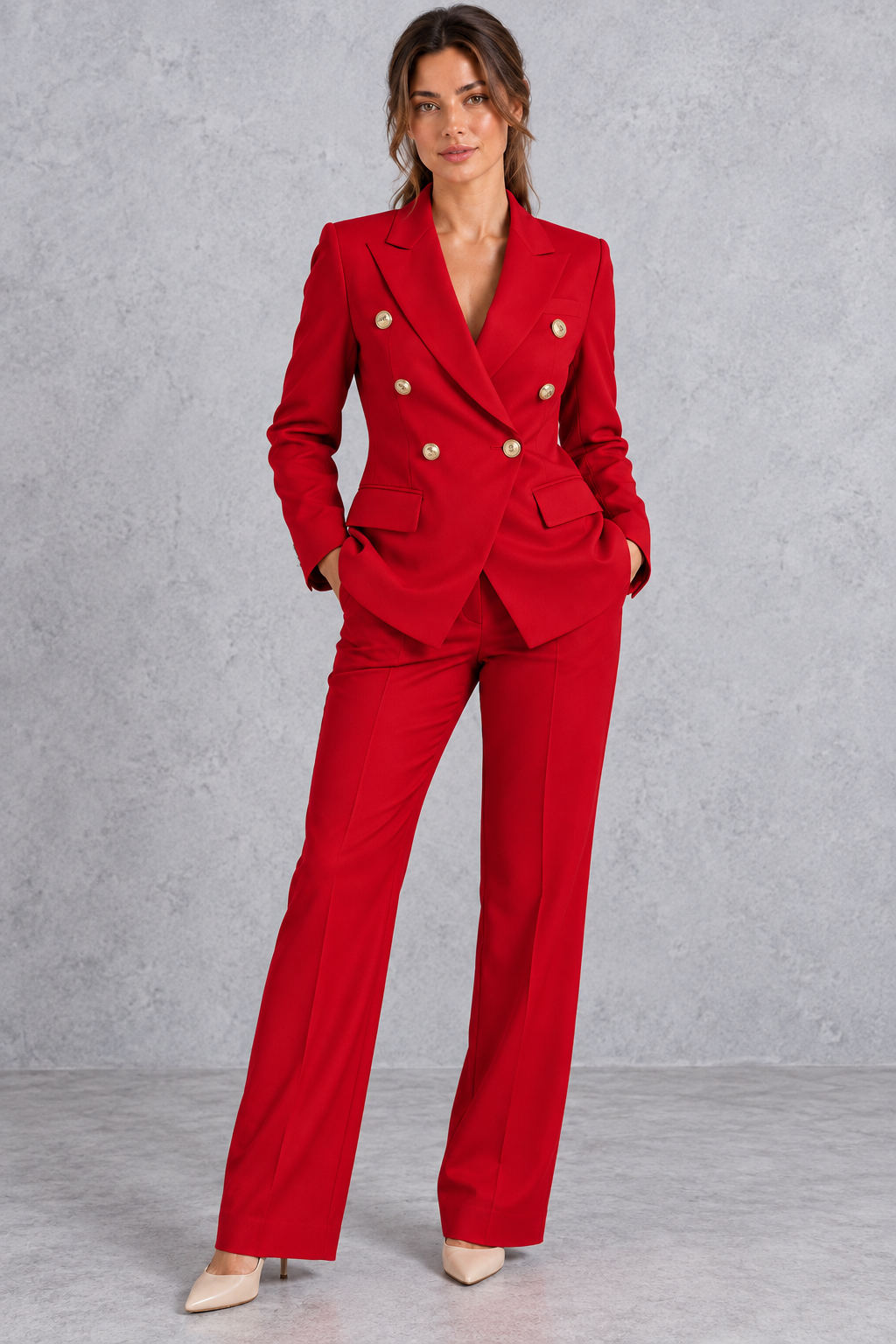 Women's Double-Breasted Blazer & Pants Suit Set – Red