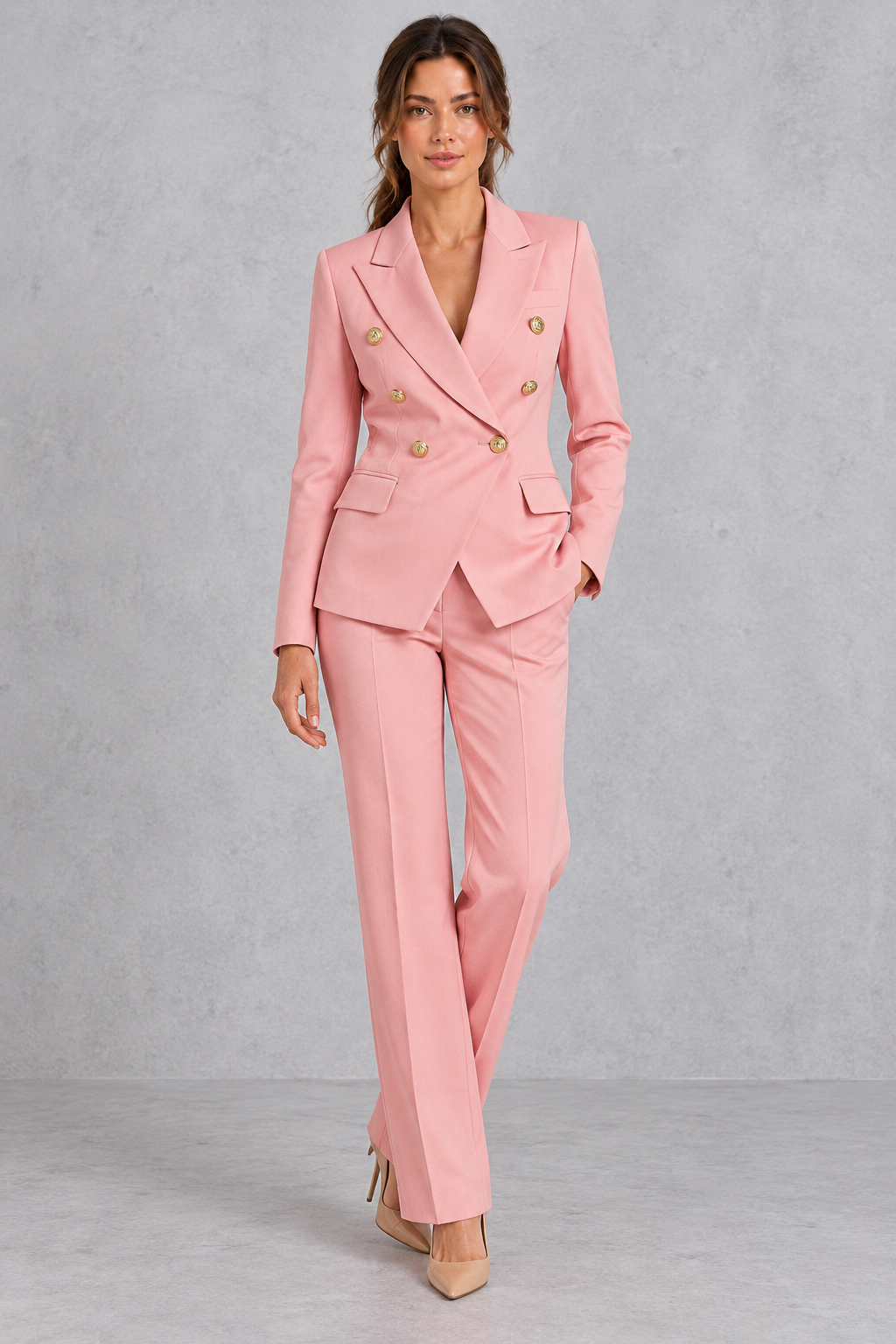 Women's Double-Breasted Blazer & Pants Suit Set – Coral Pink