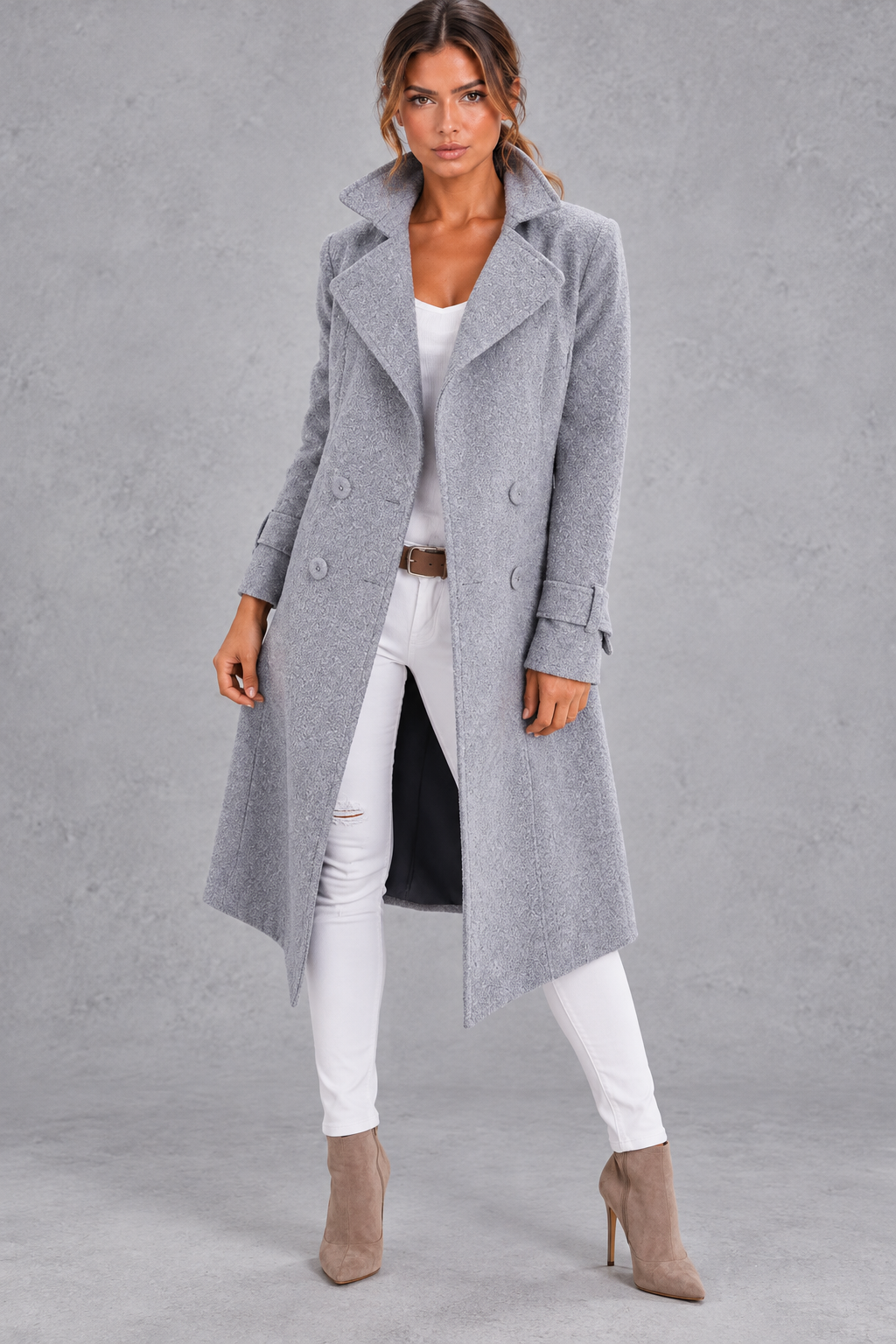 Women's A-Line Double-Breasted Long Coat – Gray