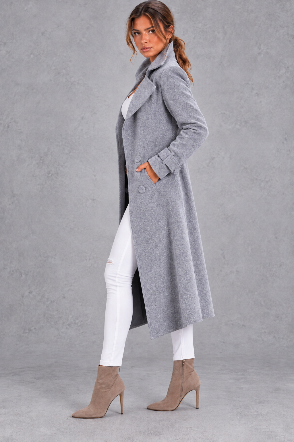 Women's A-Line Double-Breasted Long Coat – Gray