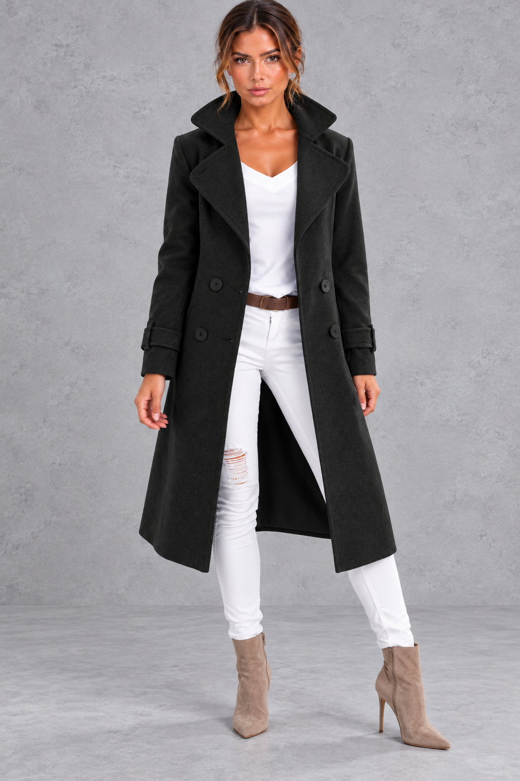 Women's A-Line Double-Breasted Long Coat – Black