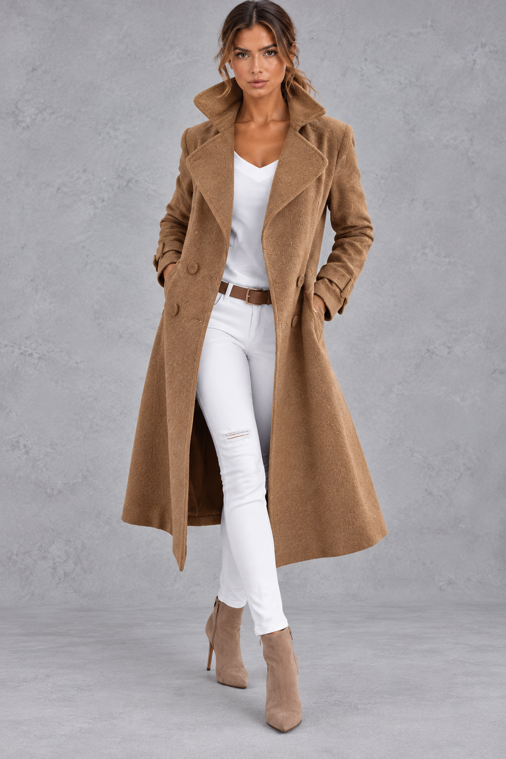 Women's A-Line Double-Breasted Long Coat – Camel