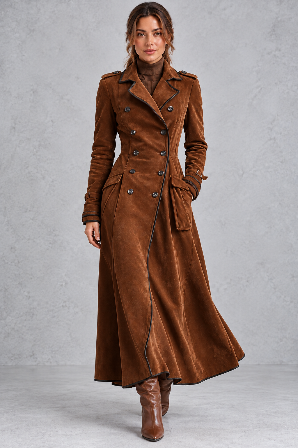 Women's longline tailored overcoat with classic lapel collar, front view