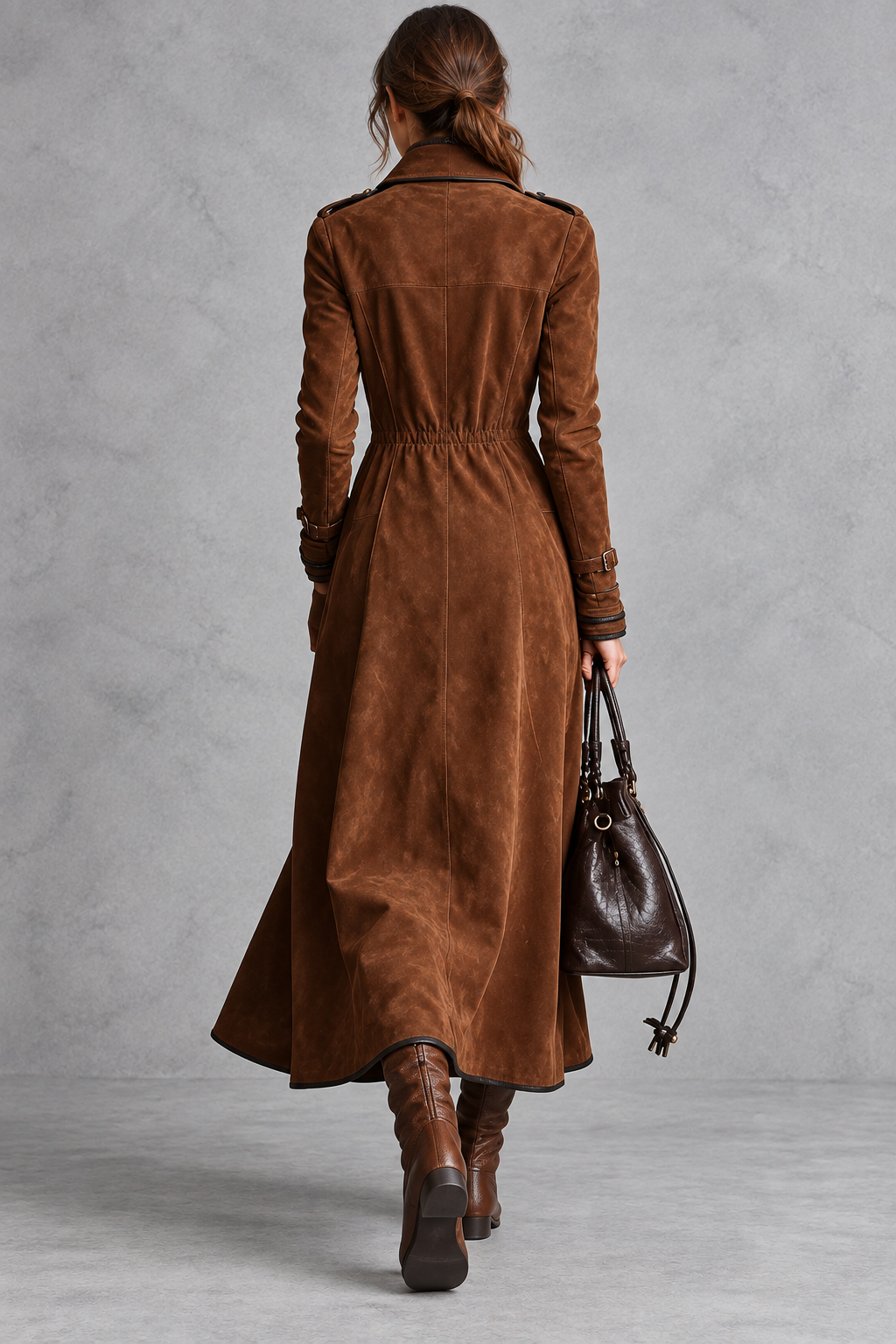 Longline lapel coat worn open over a smart outfit