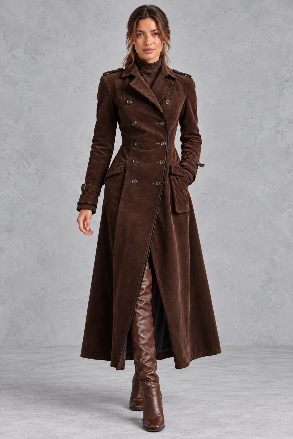 Tailored longline overcoat shown in red, brown and maroon