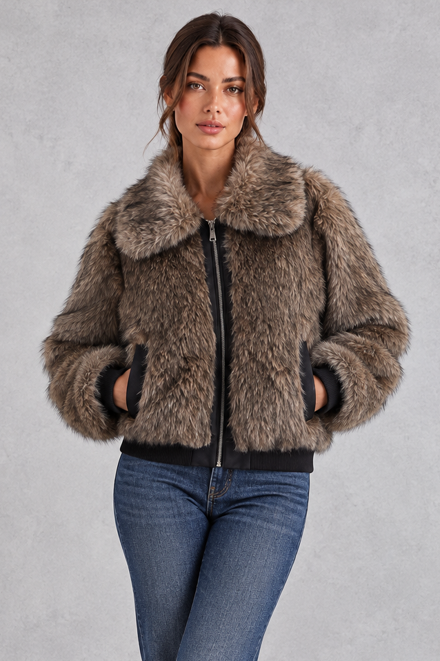 Women's Cropped Faux Fur Bomber Jacket – Brown