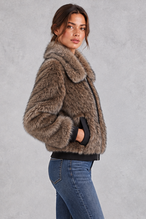 Women's Cropped Faux Fur Bomber Jacket – Brown