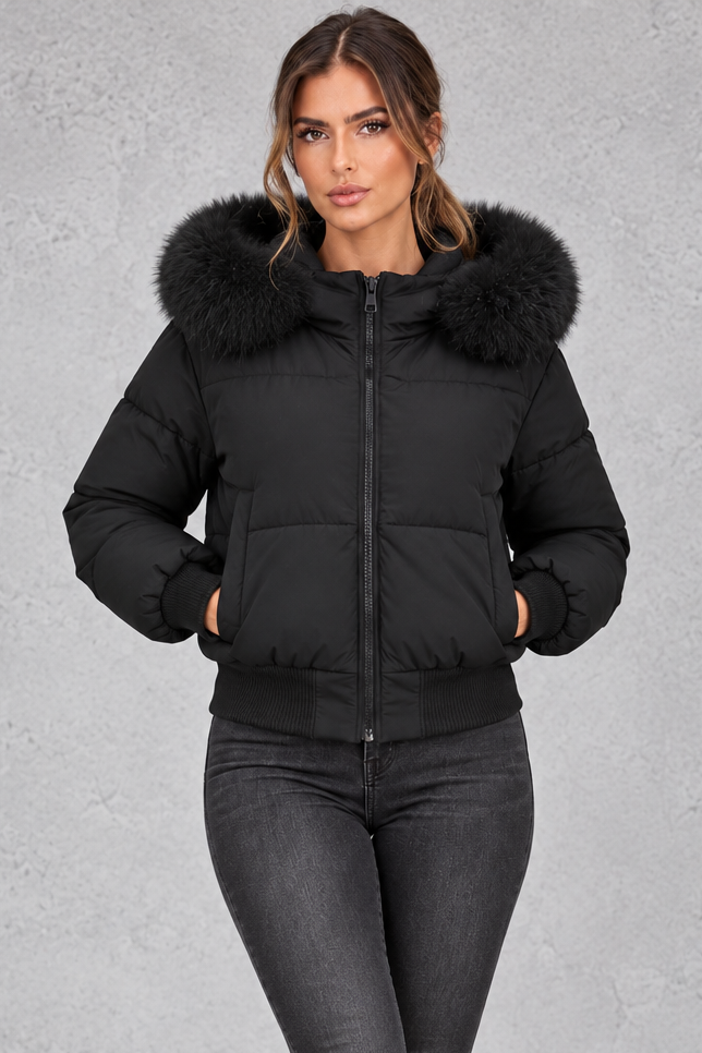 Women's padded puffer jacket with faux fur collar, front view
