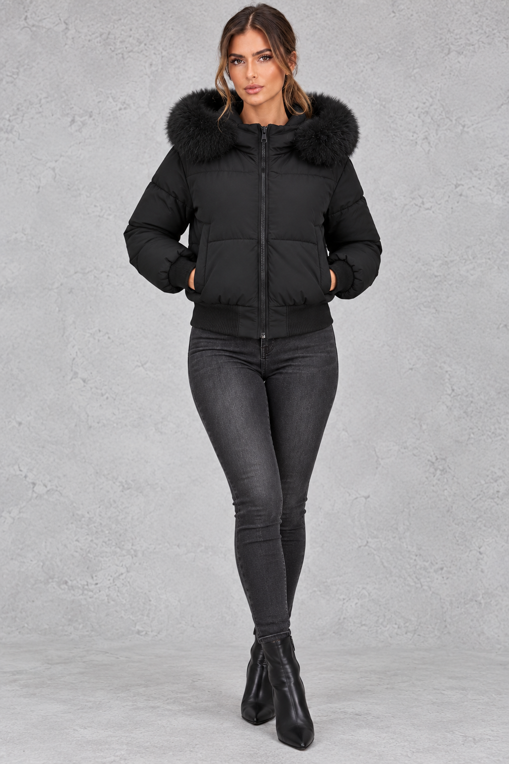 Puffer jacket styled with jeans for a casual winter look