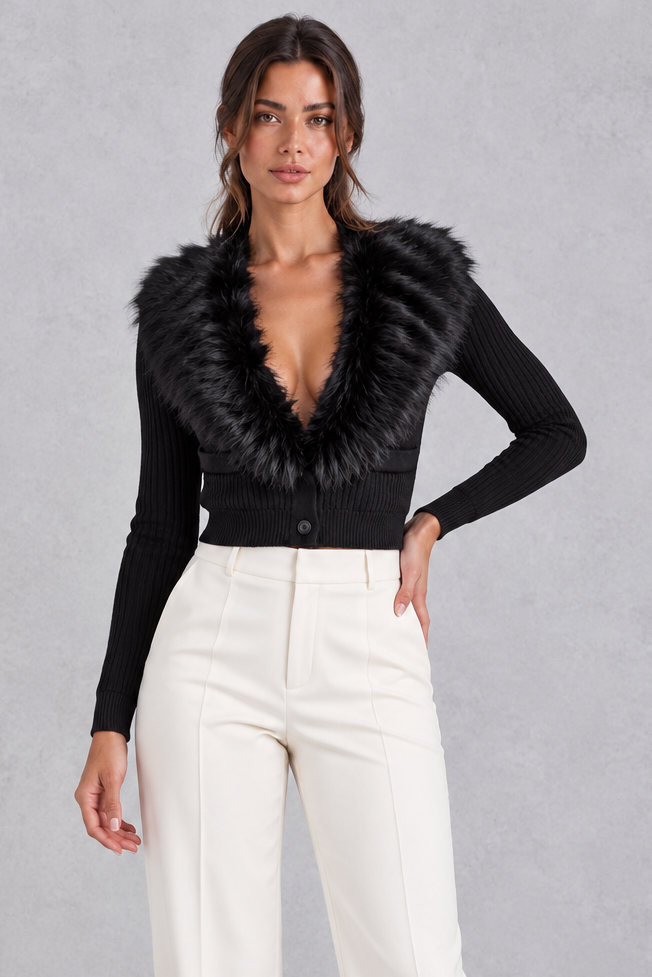 Women's ribbed knit cardigan with faux fur collar, front view
