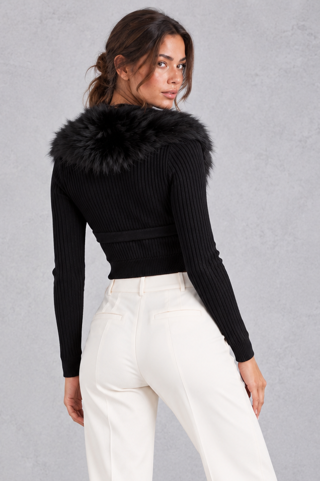 Cropped V-neck cardigan styled with a midi skirt