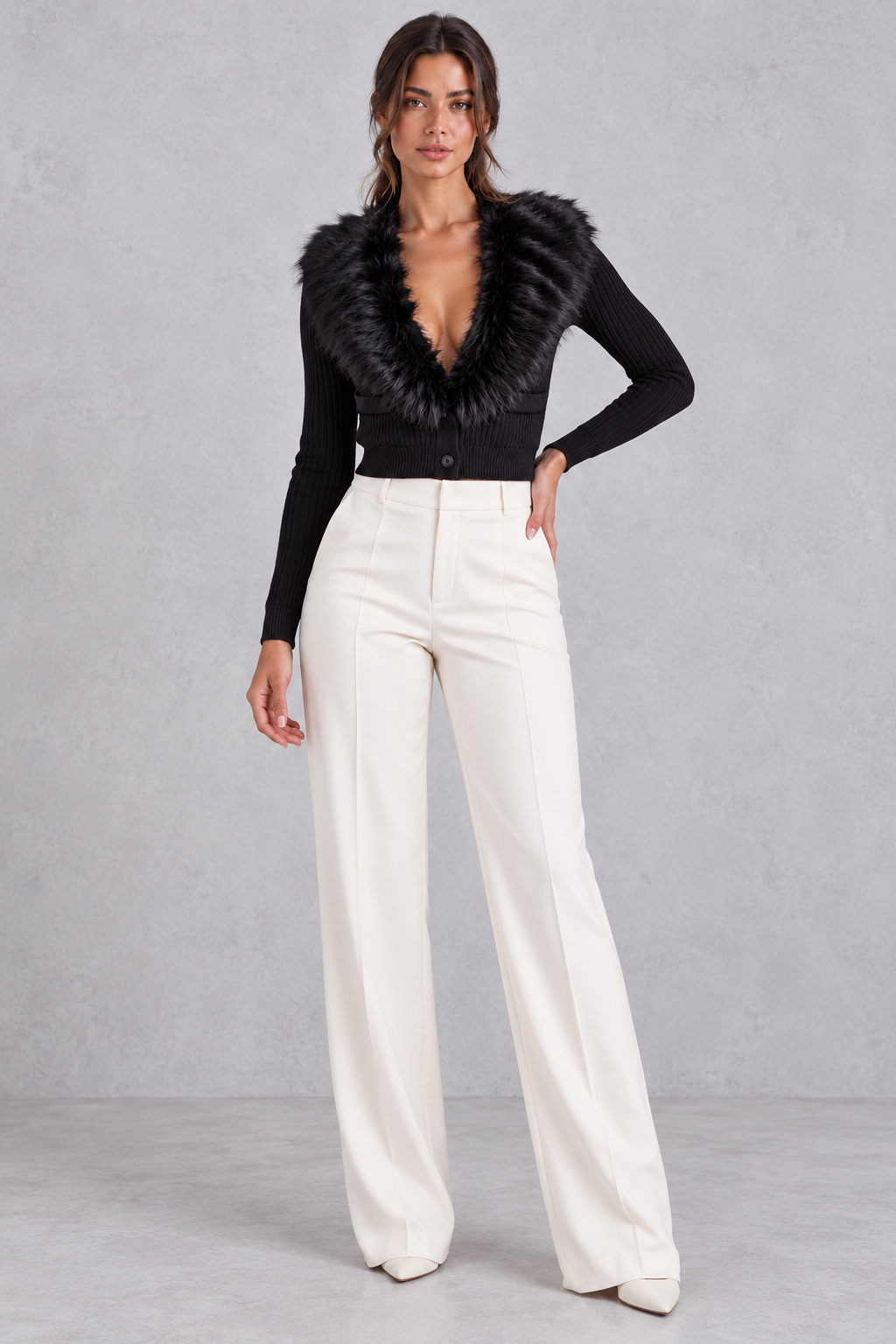 Close-up of plush faux fur collar and button front