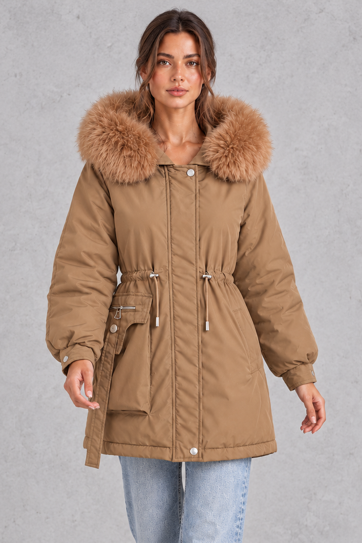 Hooded utility parka styled with jeans and lace-up boots