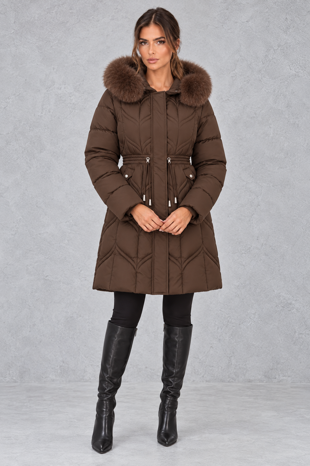 Faux fur hood puffer parka shown in brown and black