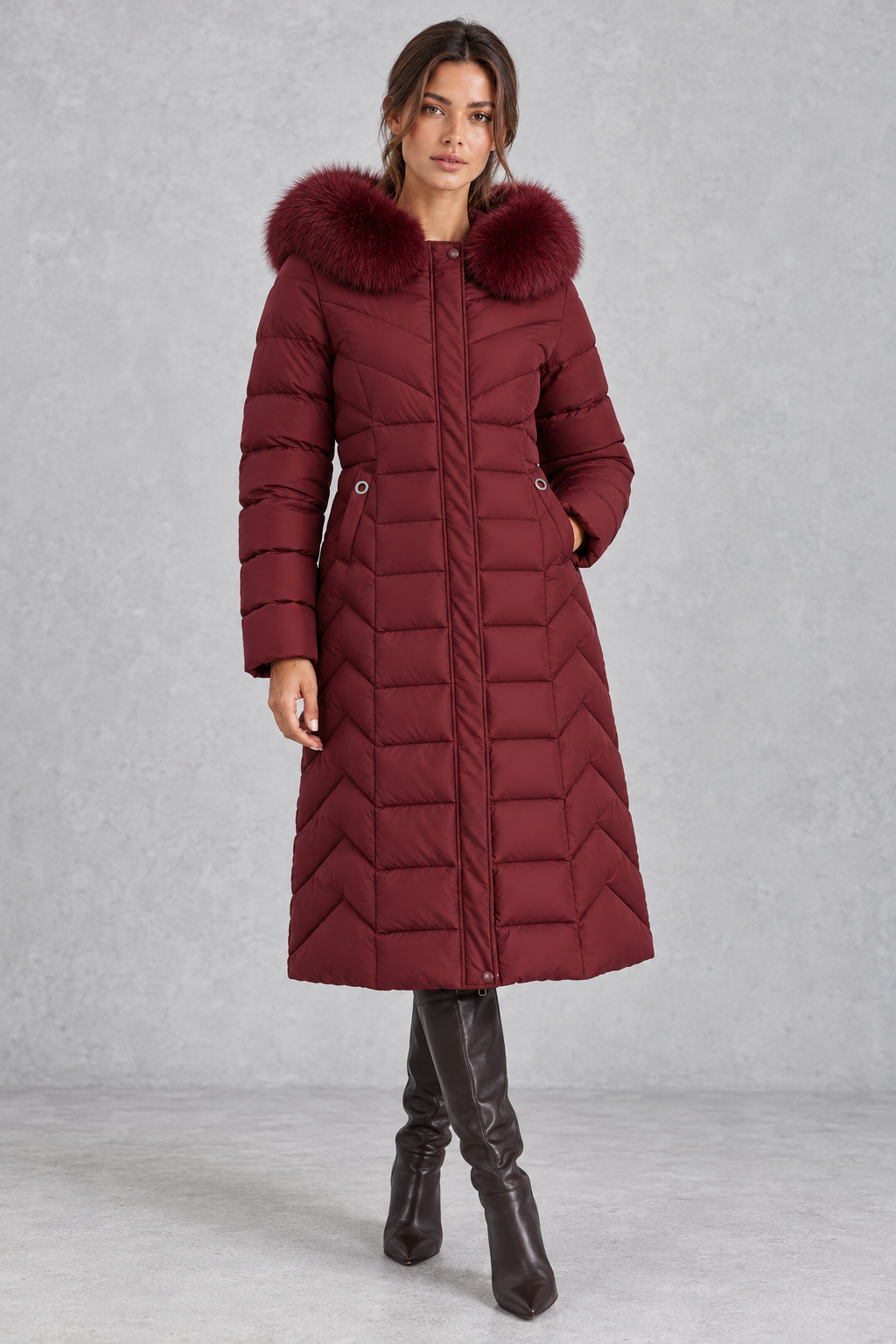 Chevron quilted puffer coat shown in red