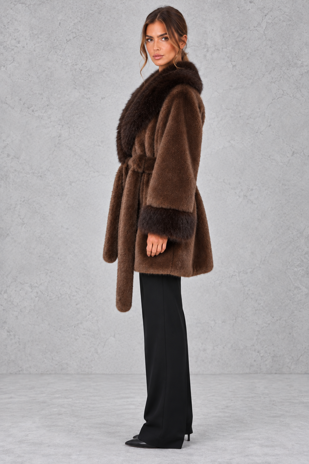 Back view of hip-length belted wrap coat