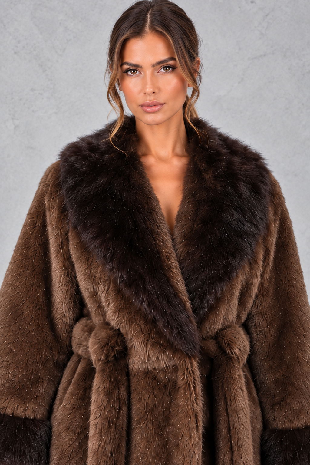 Close-up of faux fur shawl collar and trimmed cuff