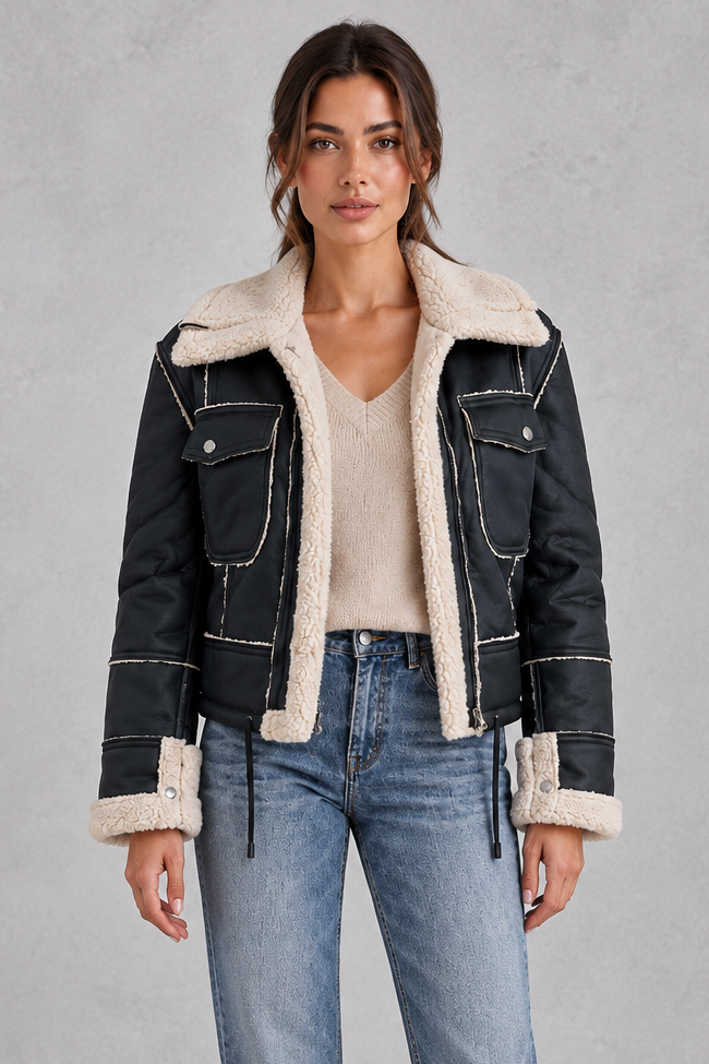 Women's cropped aviator jacket with faux shearling collar, front view