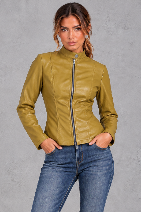 Women's Faux Leather Biker Jacket – Mustard