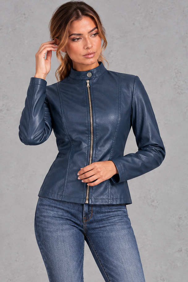 Women's Faux Leather Biker Jacket – Navy