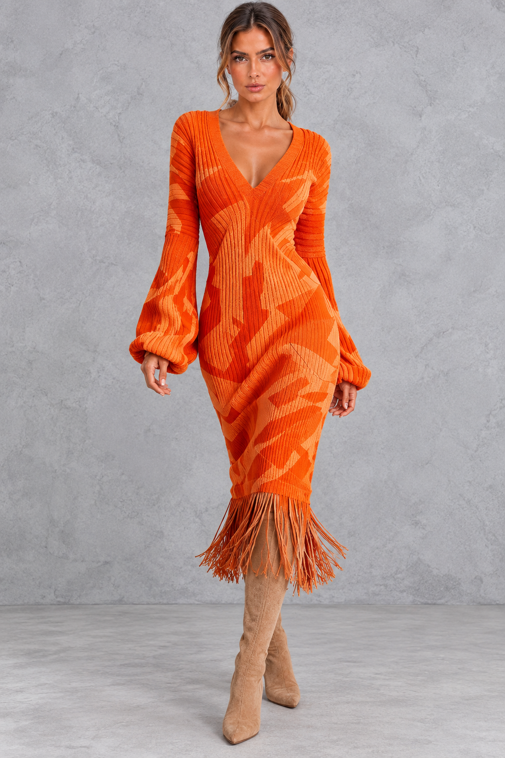Women's V-neck knit sweater midi dress with fringe hem, front view