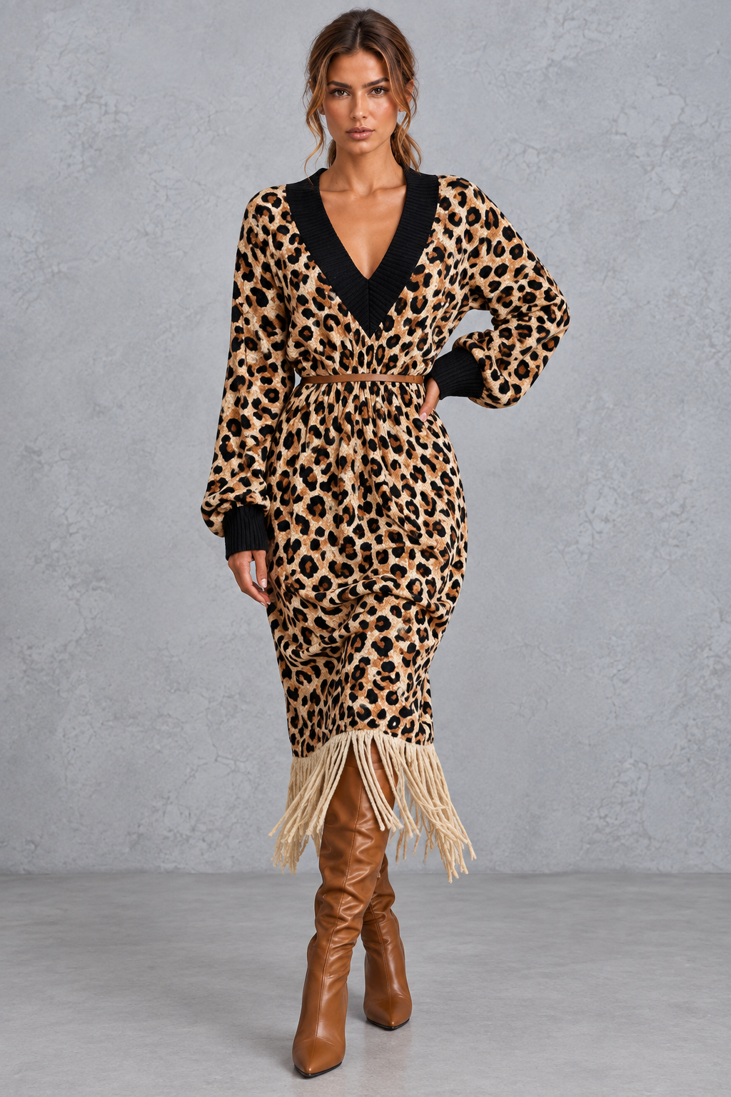 Women's V-neck midi sweater dress styled with knee-high boots