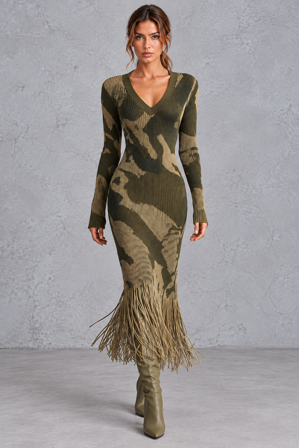 Women's knit fringe dress in an olive camo print