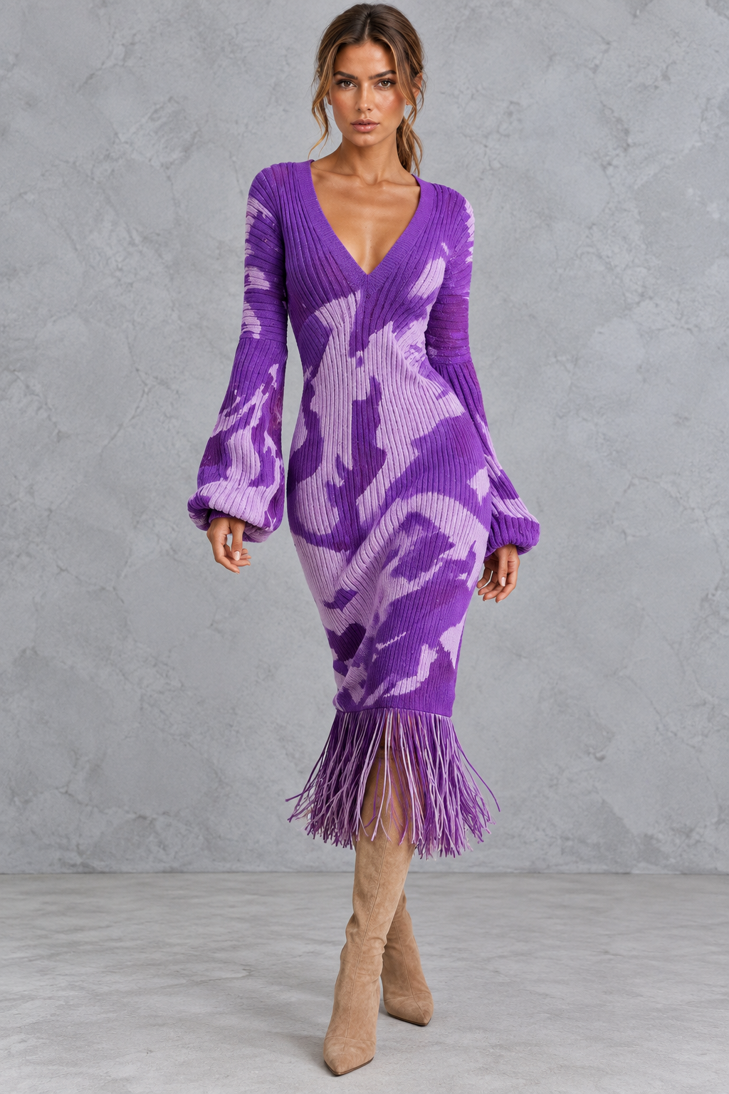 Women's beige leopard sweater dress with swingy fringe hem