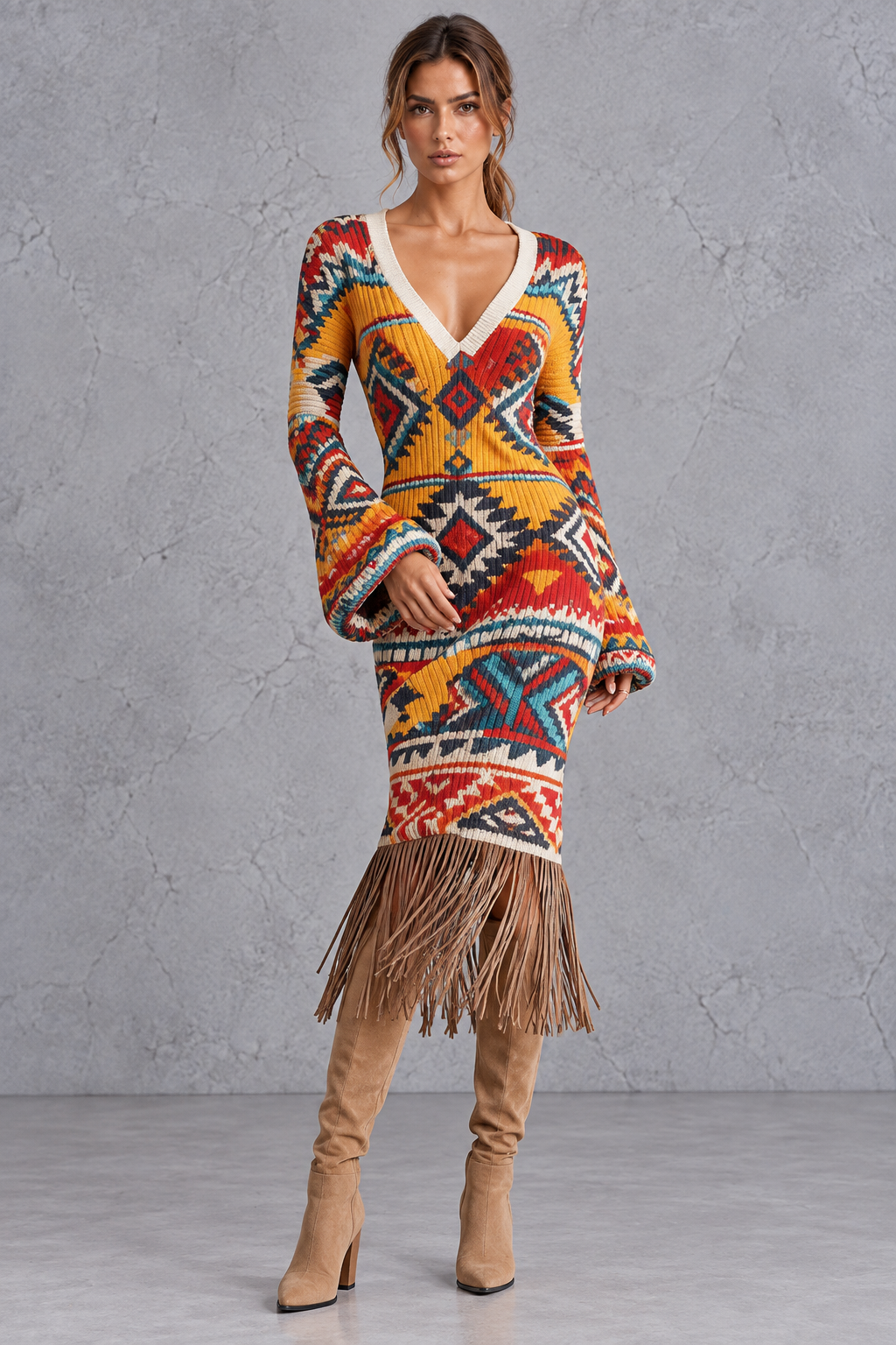 Long sleeve detail on a women's printed knit midi dress