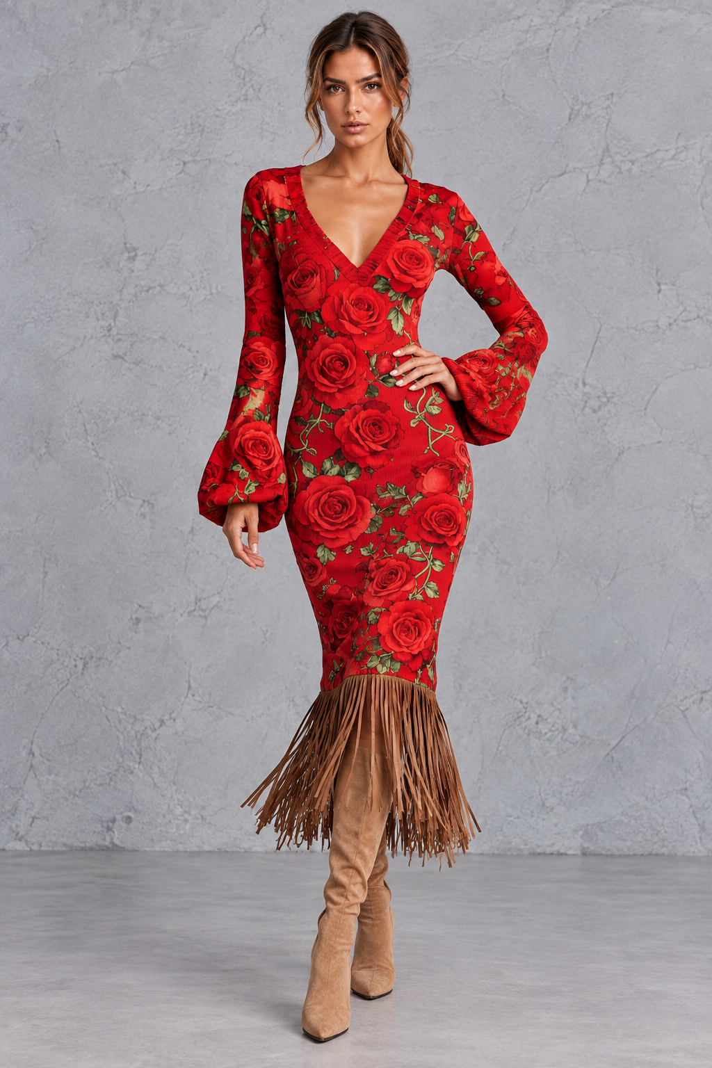 Fringe hem in motion on a women's knit midi dress