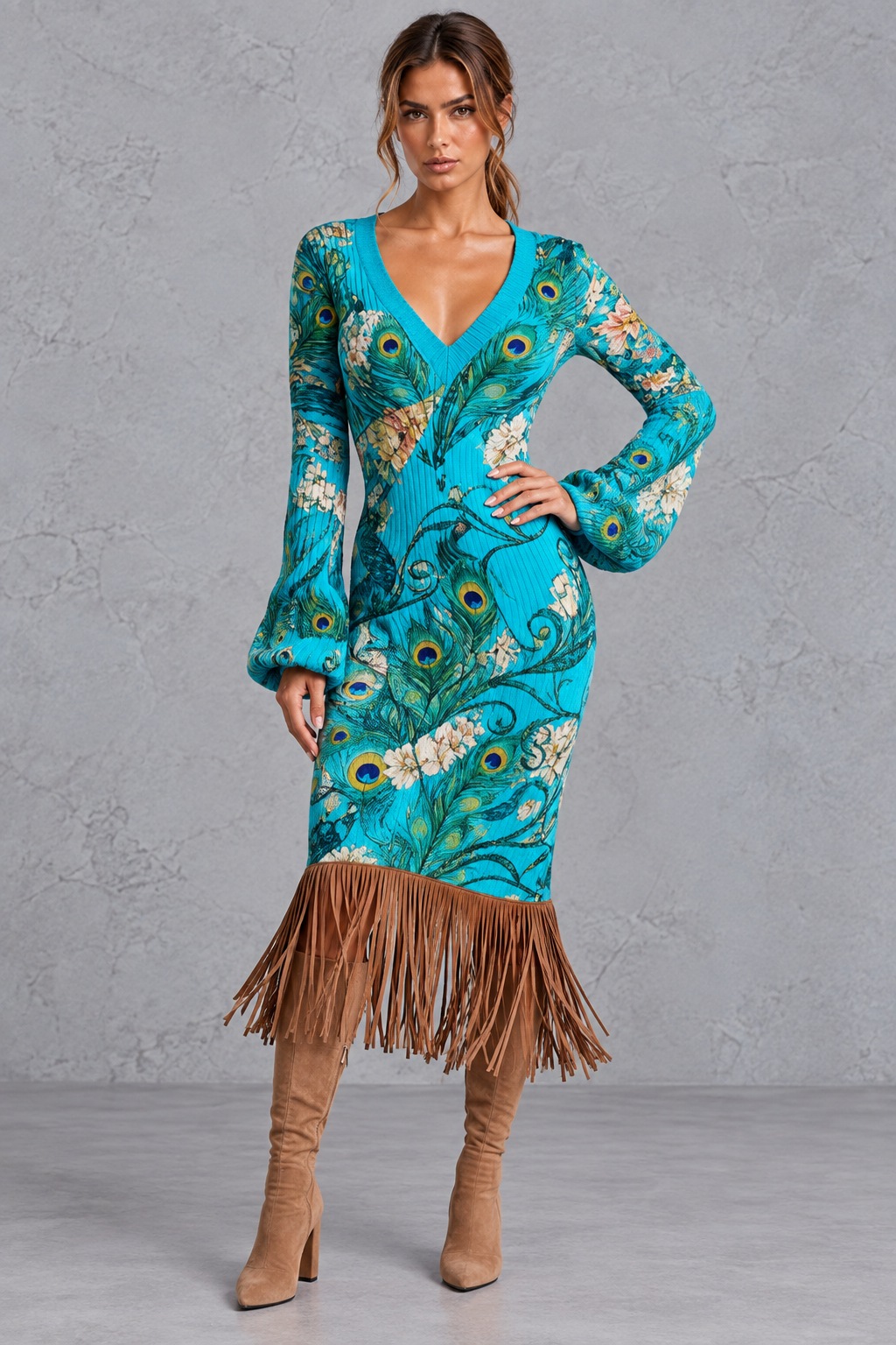 Women's V-neck fringe dress styled for a weekend brunch look