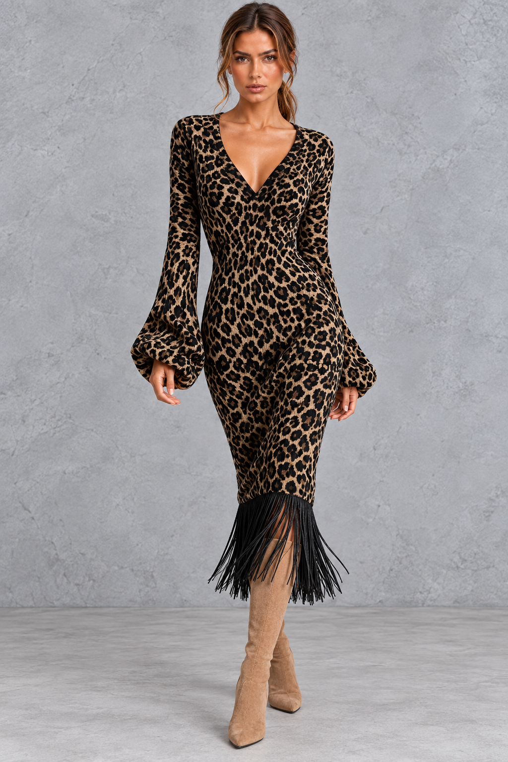 Women's knit midi dress in a green leaf print, side view