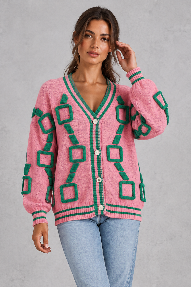 Women's geometric V-neck knit cardigan, front view