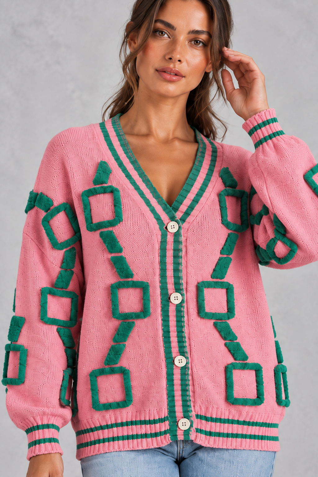 Geometric knit cardigan in khaki