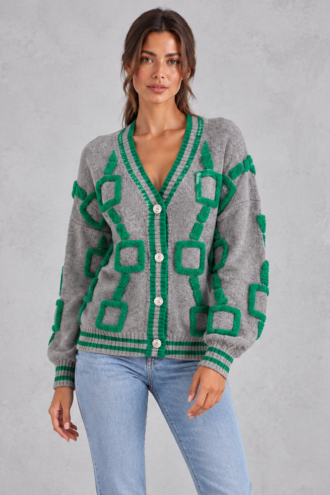 Back view of relaxed drop-shoulder cardigan
