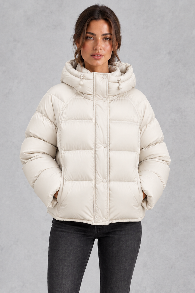 Relaxed puffer jacket shown in brown, black, gray and white