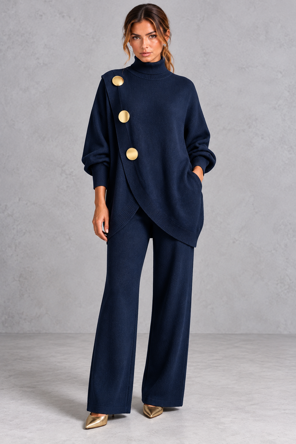 Women's knit turtleneck sweater and wide leg pants set with gold buttons, front view