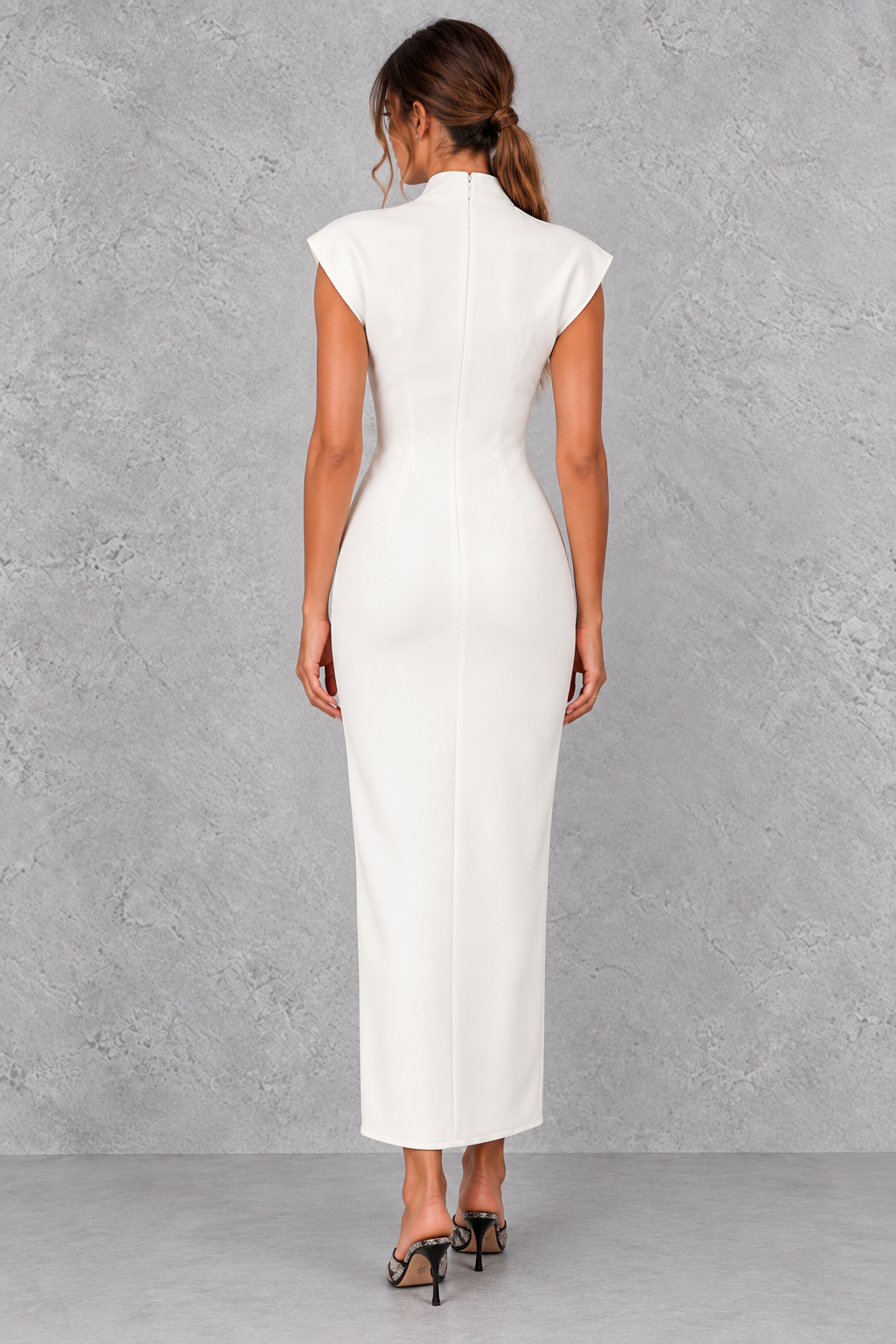 Side view of a women's sheath maxi dress showing its long, streamlined silhouette.