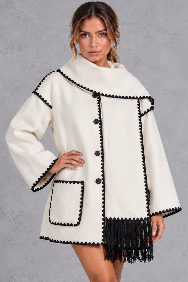 Women's Scarf Collar Blanket Stitch Jacket – White