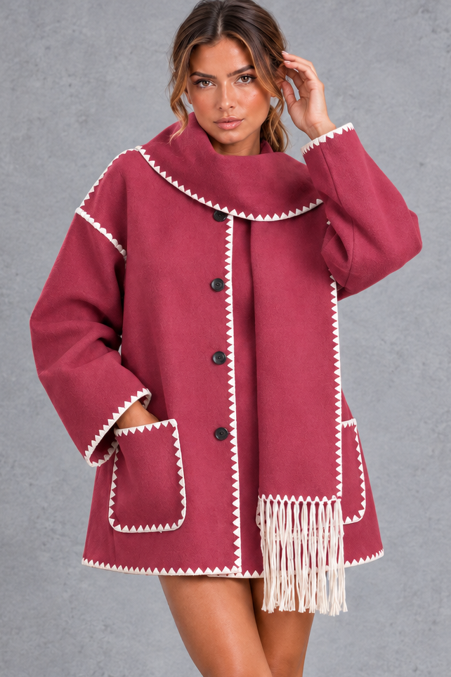 Women's Scarf Collar Blanket Stitch Jacket – Raspberry