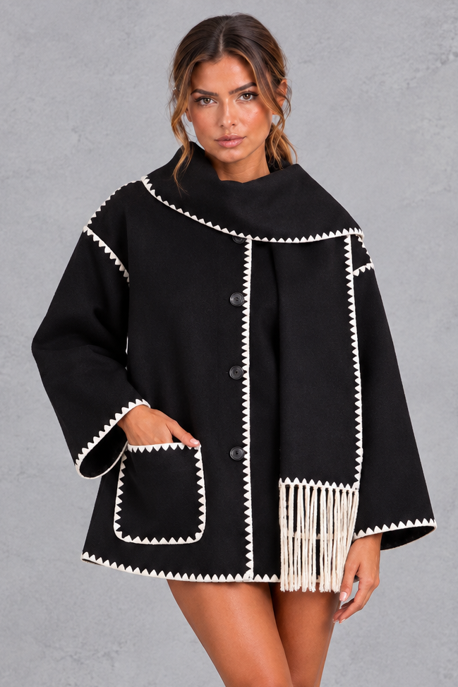 Women's Scarf Collar Blanket Stitch Jacket – Black