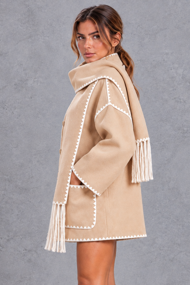 Women's Scarf Collar Blanket Stitch Jacket – Beige