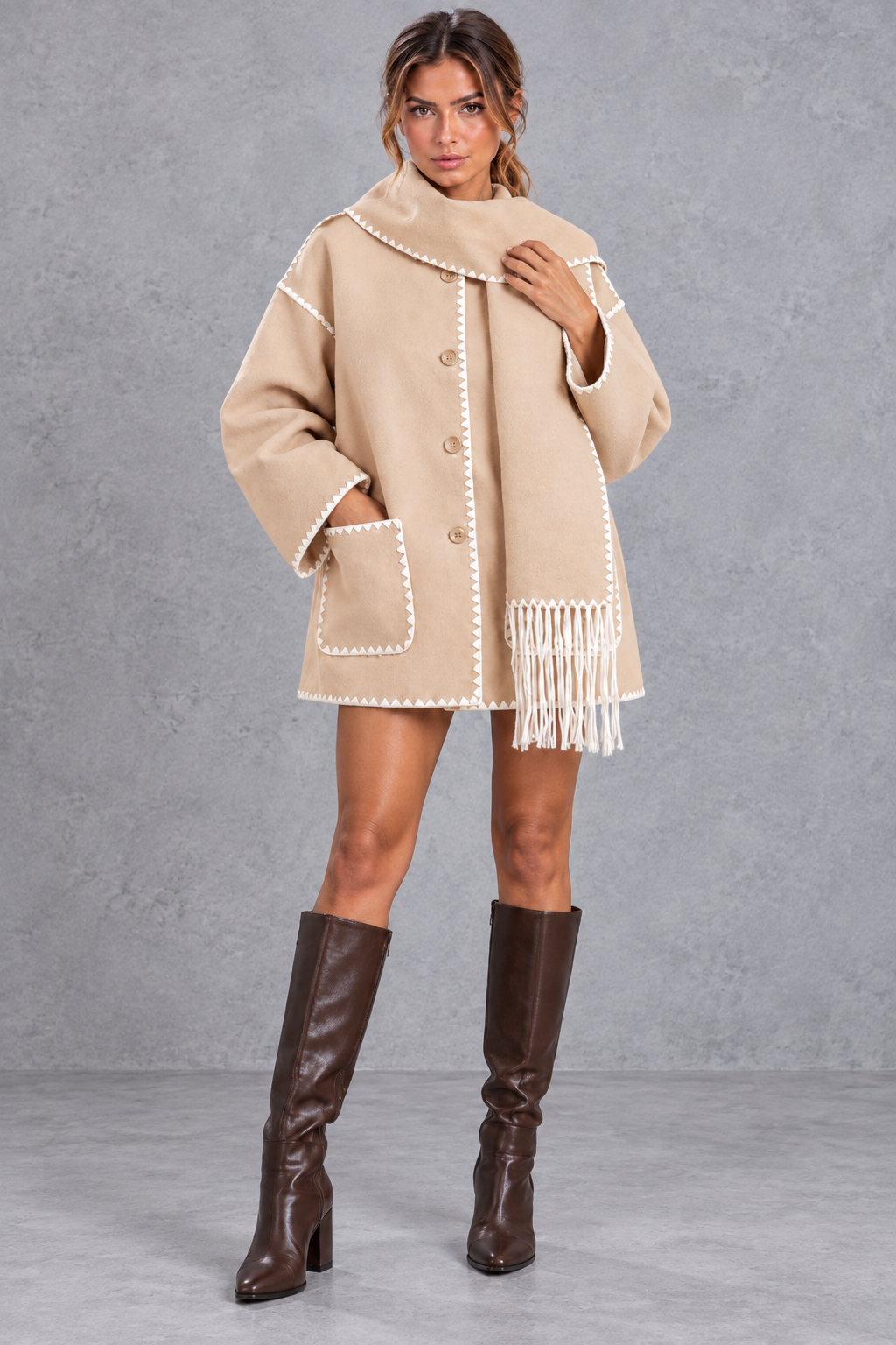 Women's Scarf Collar Blanket Stitch Jacket – Beige