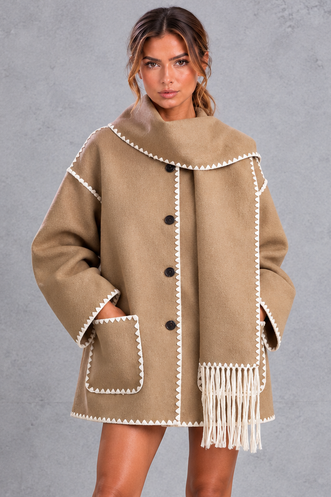 Women's Scarf Collar Blanket Stitch Jacket – Khaki
