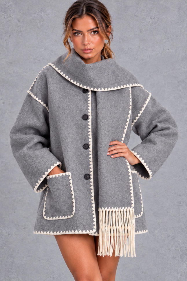 Women's Scarf Collar Blanket Stitch Jacket – Gray