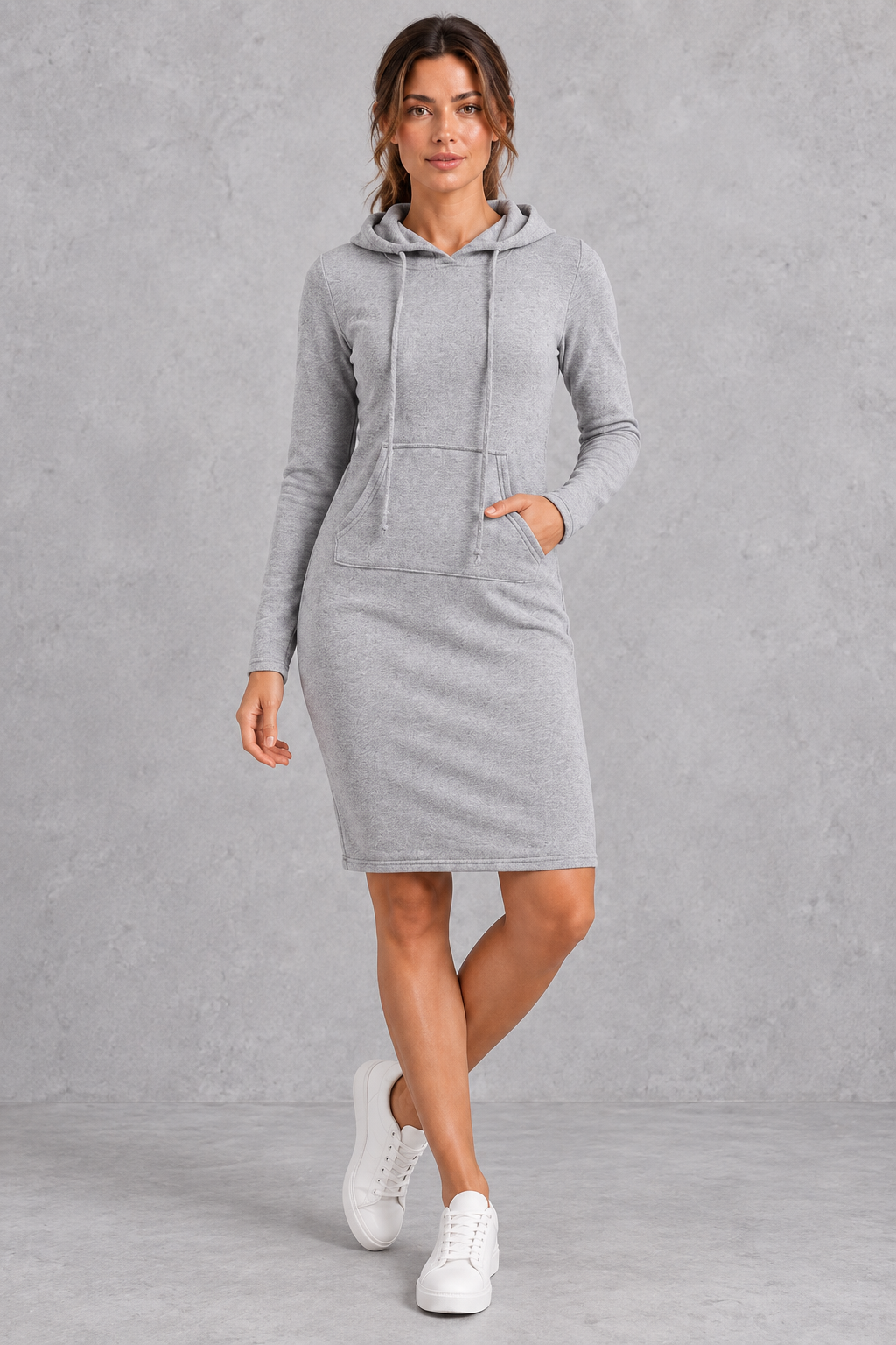 Women's long sleeve hoodie dress with kangaroo pocket, front view